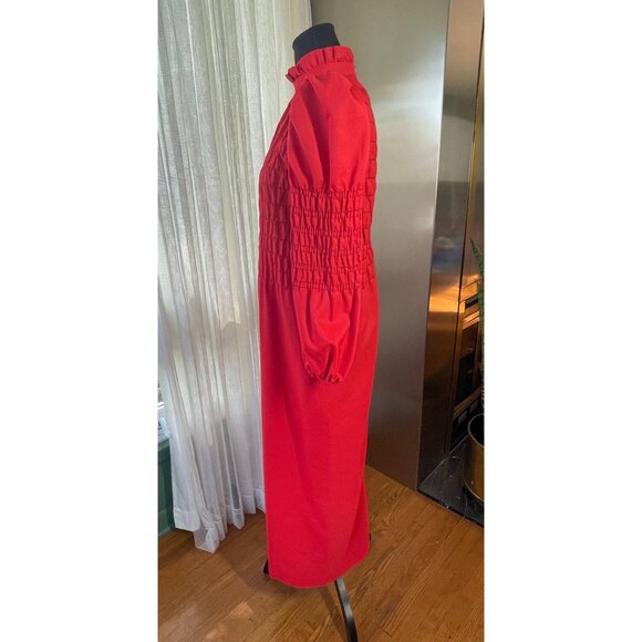 Vintage 70s red dress, smocked bodice with long sleeves, ankle length, 10/12 (L) - Picture 5 of 8